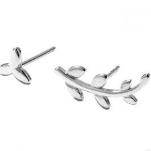Minimalist Micro Silver Leaves Extend Olive Branch Asymmetry Studs - Picture 6 of 7